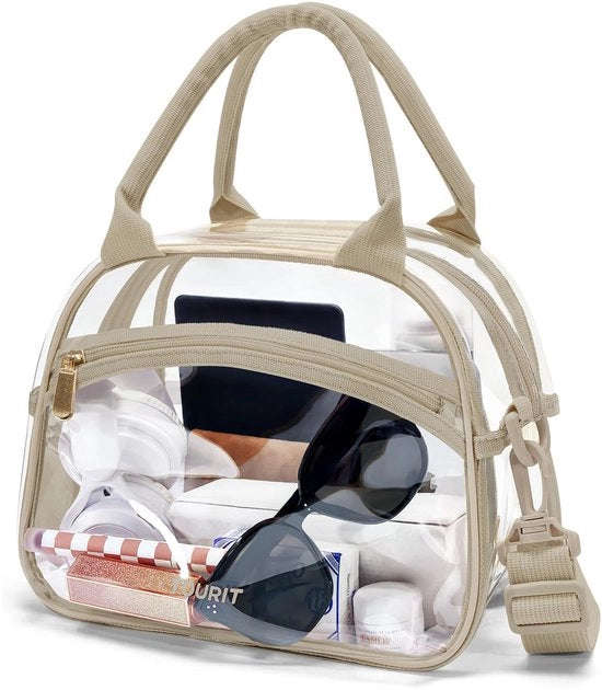 Borsa trasparente, autorizzata per stadi con cinturoni regolabili. Borsa trasparente per uomo, donna, ufficio, centro commerciale, scuola di sport, PVC, beige.