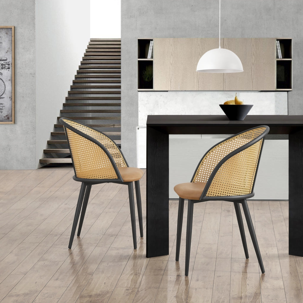 Set di 2 Sedie 'Gagnef' in Similpelle Marrone e Schienale in Rattan [en.casa]
