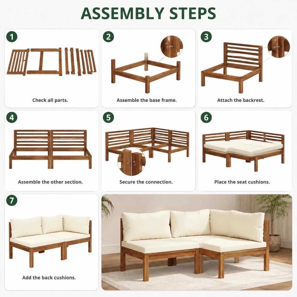 2-piece Sofa Set With Cream-white Cushions, Solid Acacia Wood