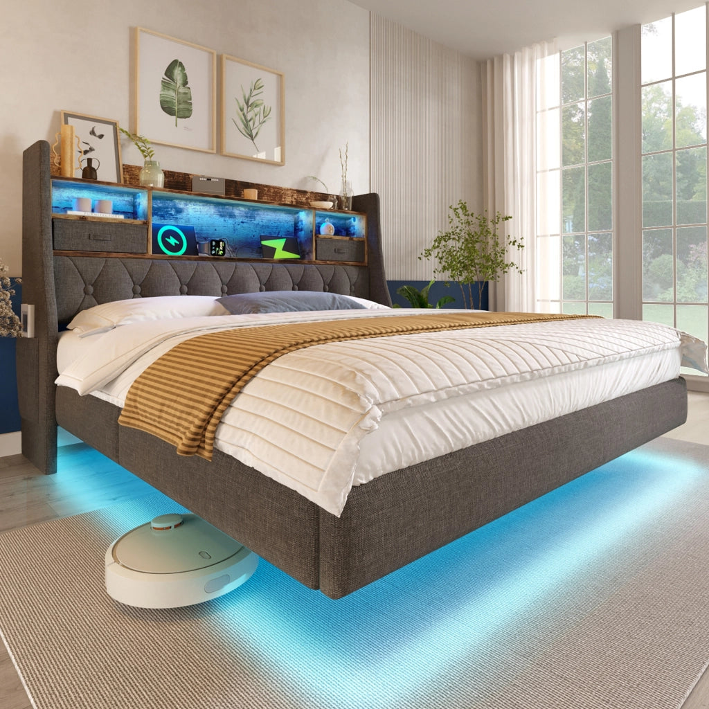 Letto a scomparsa imbottito con luci LED e porta USB 140x190 cm lino grigio