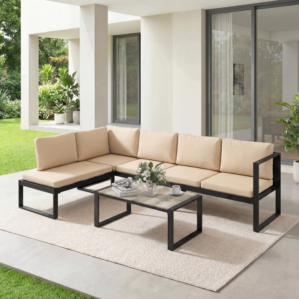 Set di mobili da giardino a 4 pezzi; 2 divani da 2 posti; poltrona senza braccioli e tavolino da caffè; kaki