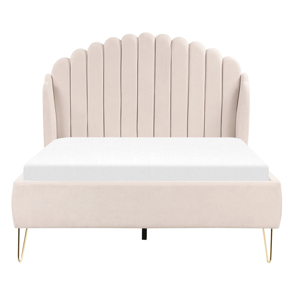 Letto con rete in tessuto poliestere beige chiaro 140 x 200 cm gambe in metallo testata retro capitonné