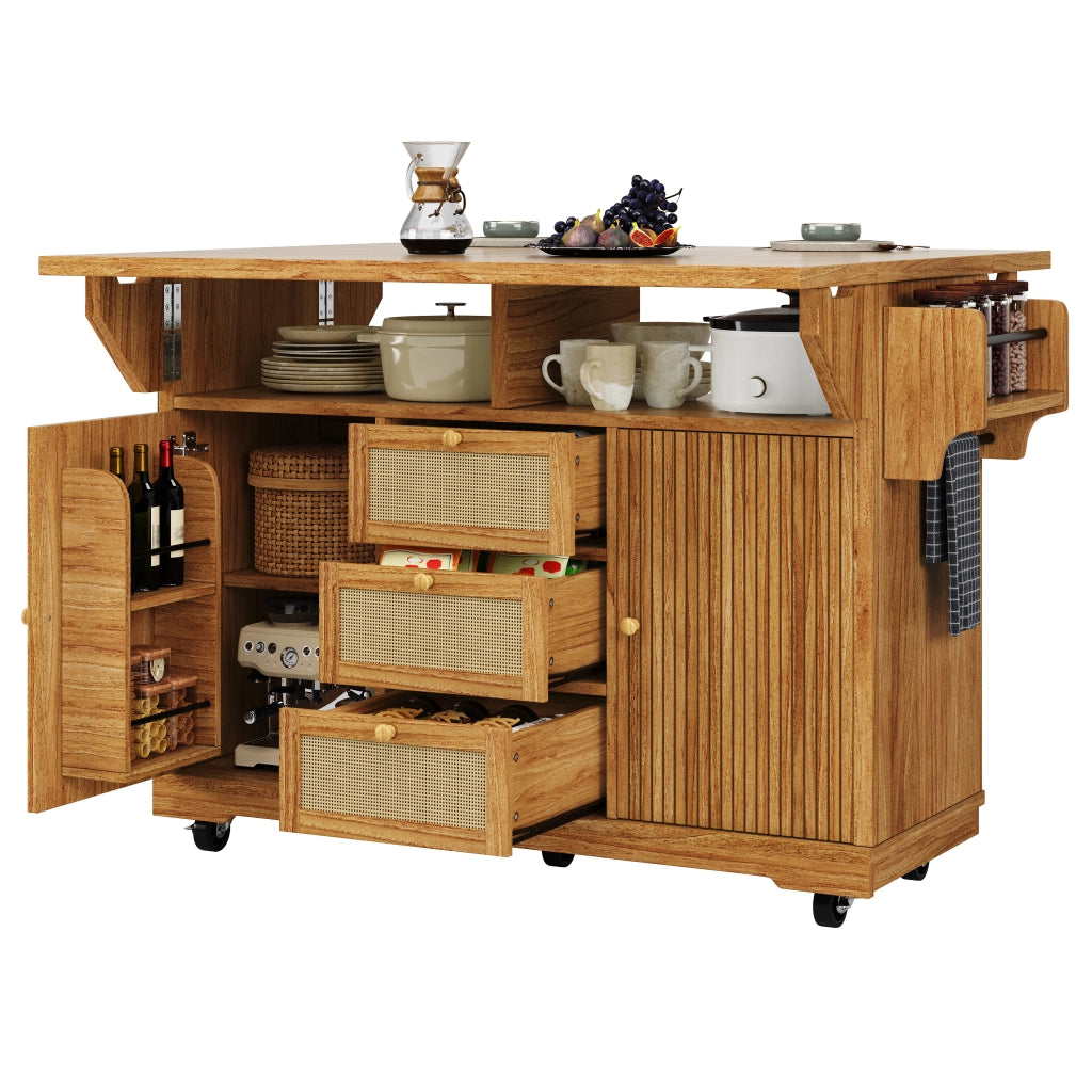 Carrello da cucina con 2 prolunghe ribaltabili; vani nascosti; cassetti in rattan PE; per cucina e balcone; 142.5 × 80 × 95 cm