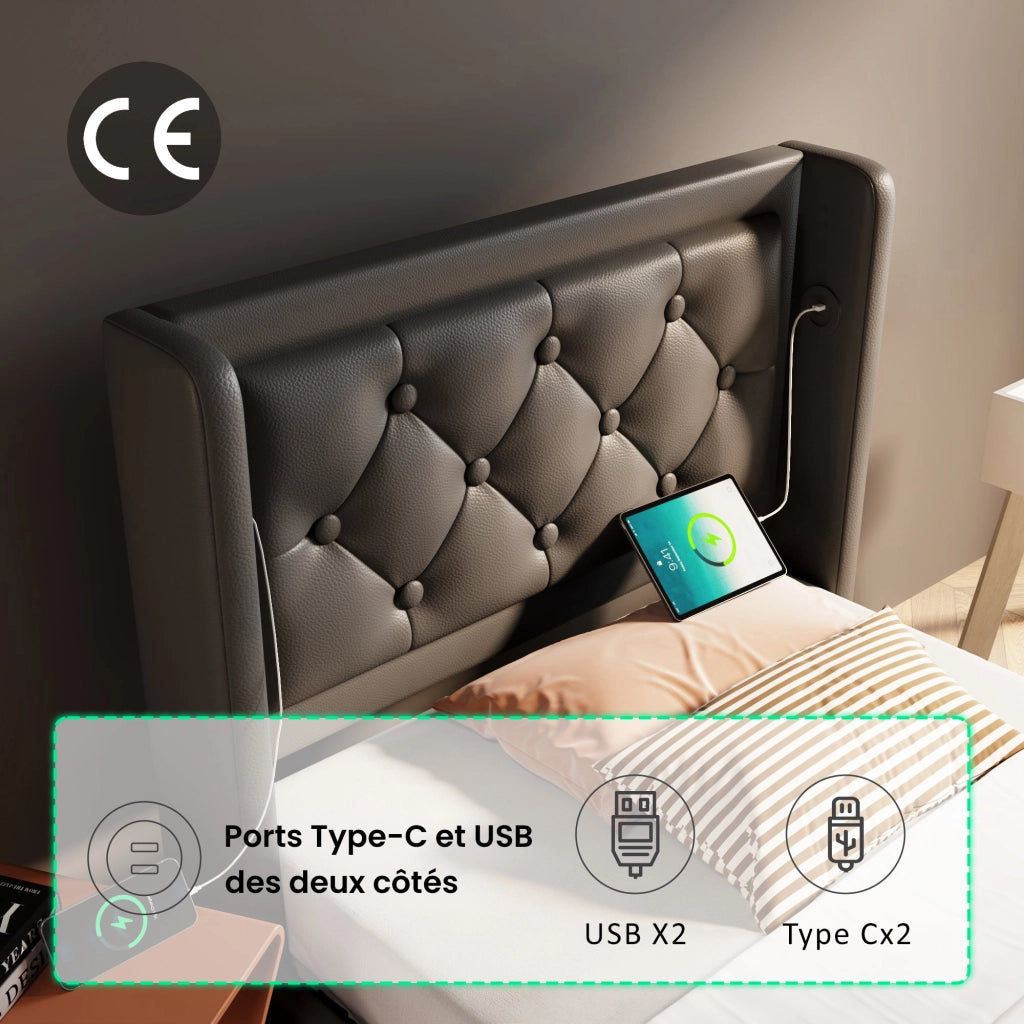 Letto Contenitore Singolo con USB; Tipo C e LED Regolabile 90×200 cm; senza Materasso; in PU; Nero