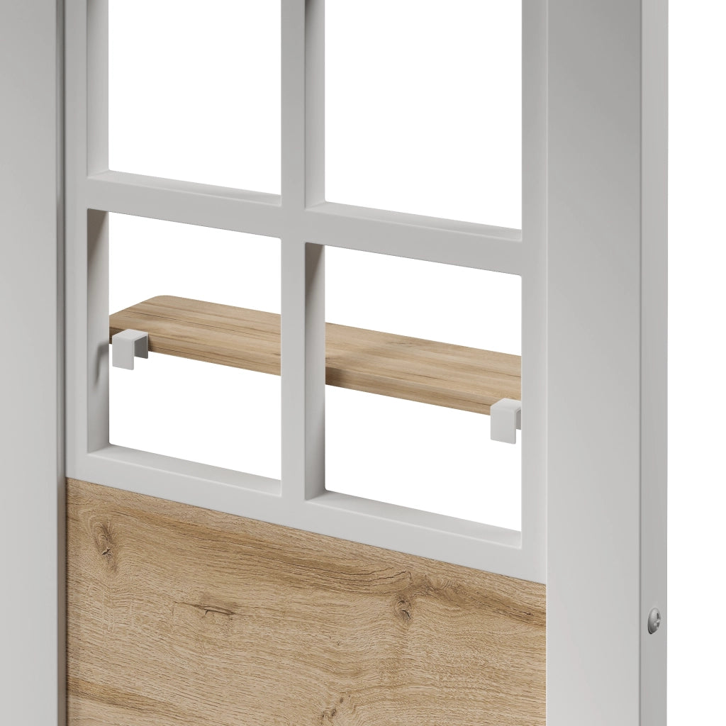 Letto a soppalco 90x200 cm con scala contenitore; finestra; spazio libero sottostante e parapetto; metallo bianco