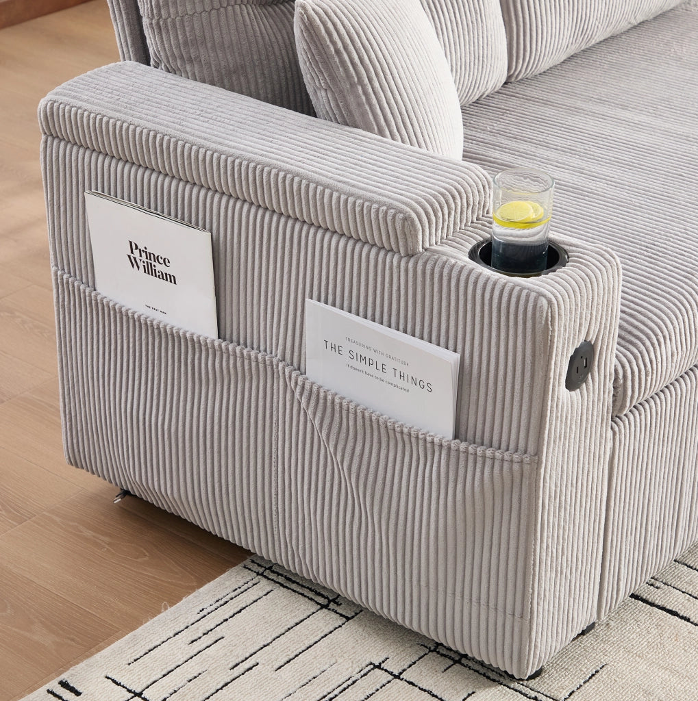 Divano 3 posti con chaise longue idraulica e letto estraibile 212;5x136x86 cm in cord grigio chiaro