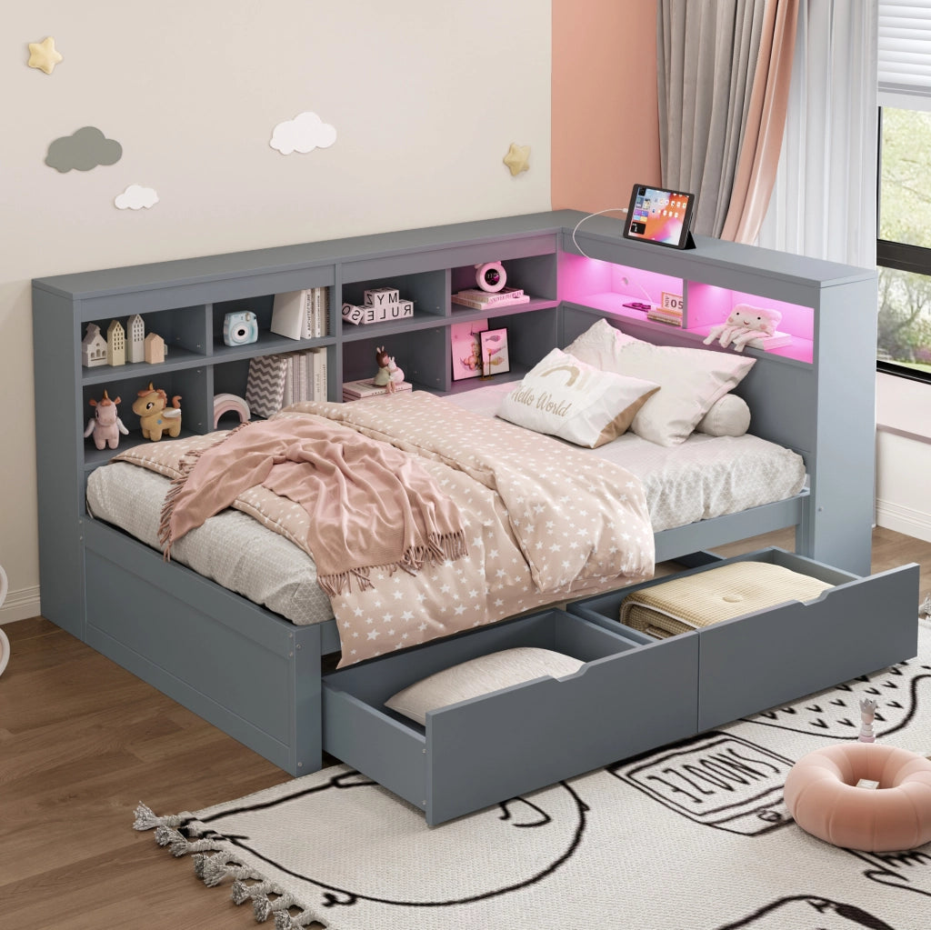 Letto singolo 90x200 cm con cassetti, USB e LED in pino, compensato e MDF grigio