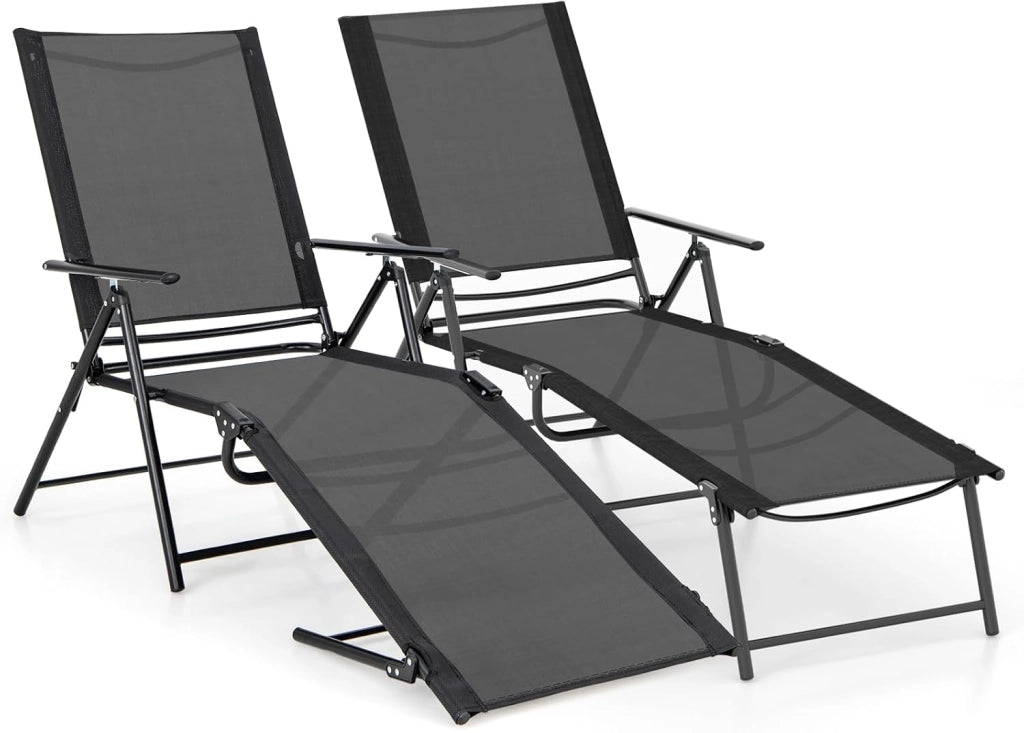 Set di 2 Lettini Prendisole da Giardino, Sdraio Pieghevoli con Schienale e Poggiapiedi Regolabili, in Tessuto Textilene con Braccioli, per Terrazza e Piscina, Portata 150 kg (Nero)