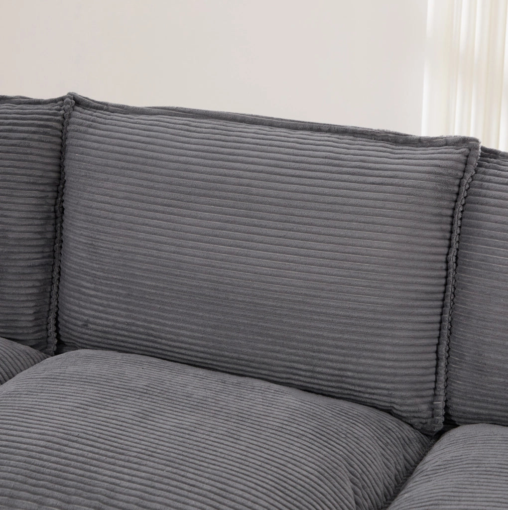 Divano modulare 3 posti in tessuto corduroy grigio scuro con 2 pouf; 260x132x84 cm