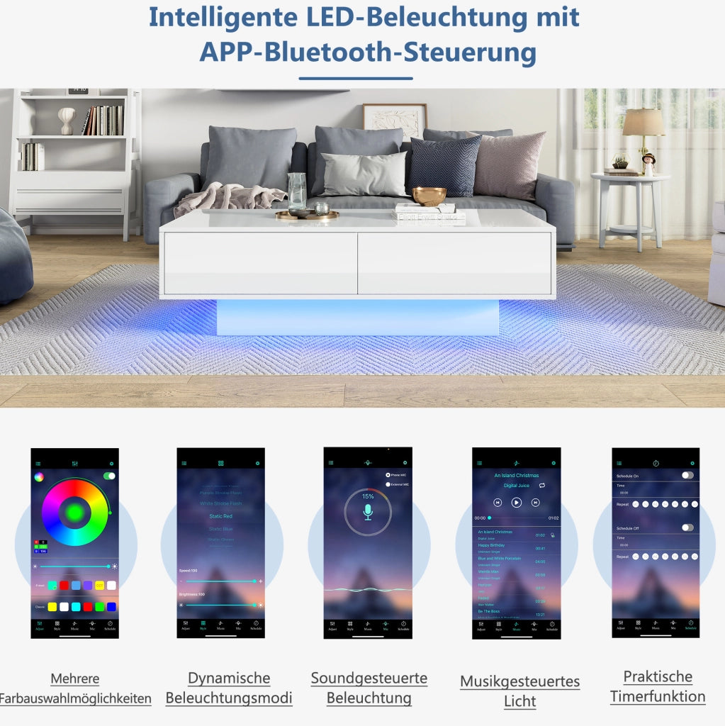 Tavolino da salotto bianco lucido con LED e 2 cassetti