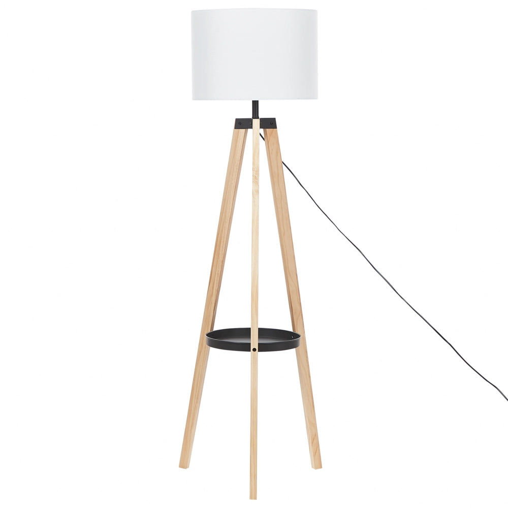 Lampada da Terra Treppiede Lino Bianco Paralume Rotondo Gambe Legno Chiaro 148 cm Moderna