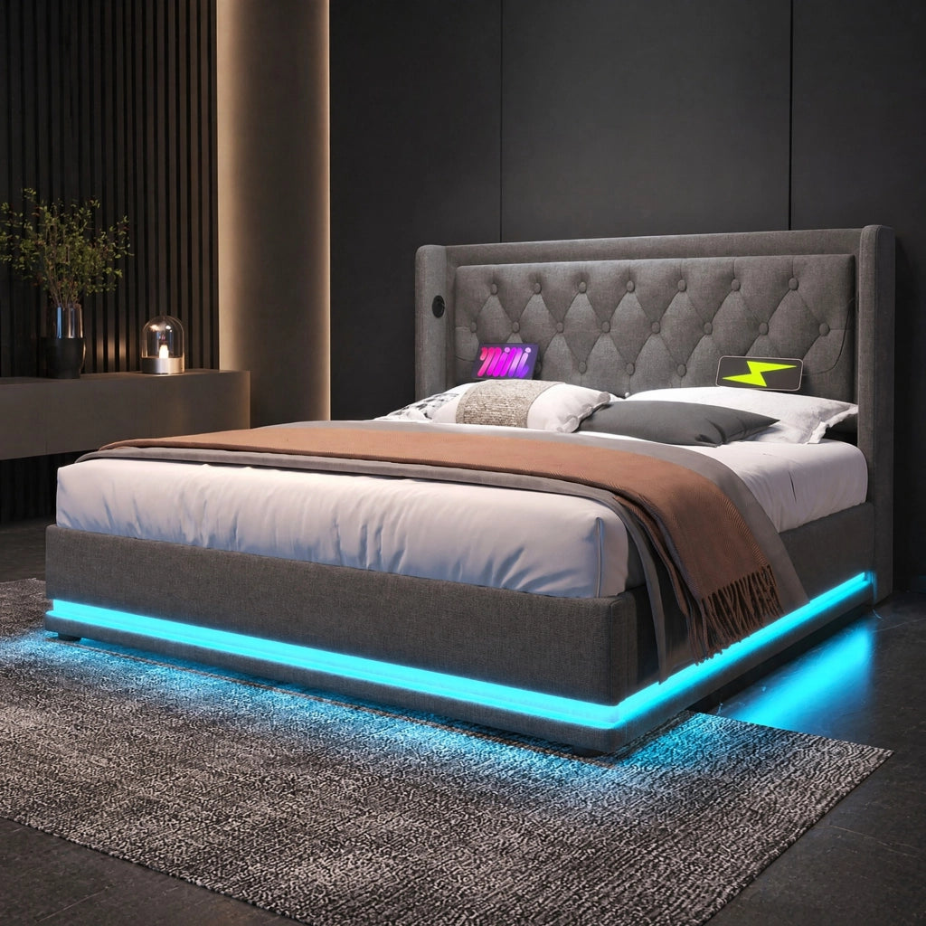 LETTO Contenitore 160x200 cm Grigio Cotone con USB Type-C e LED 3 lati