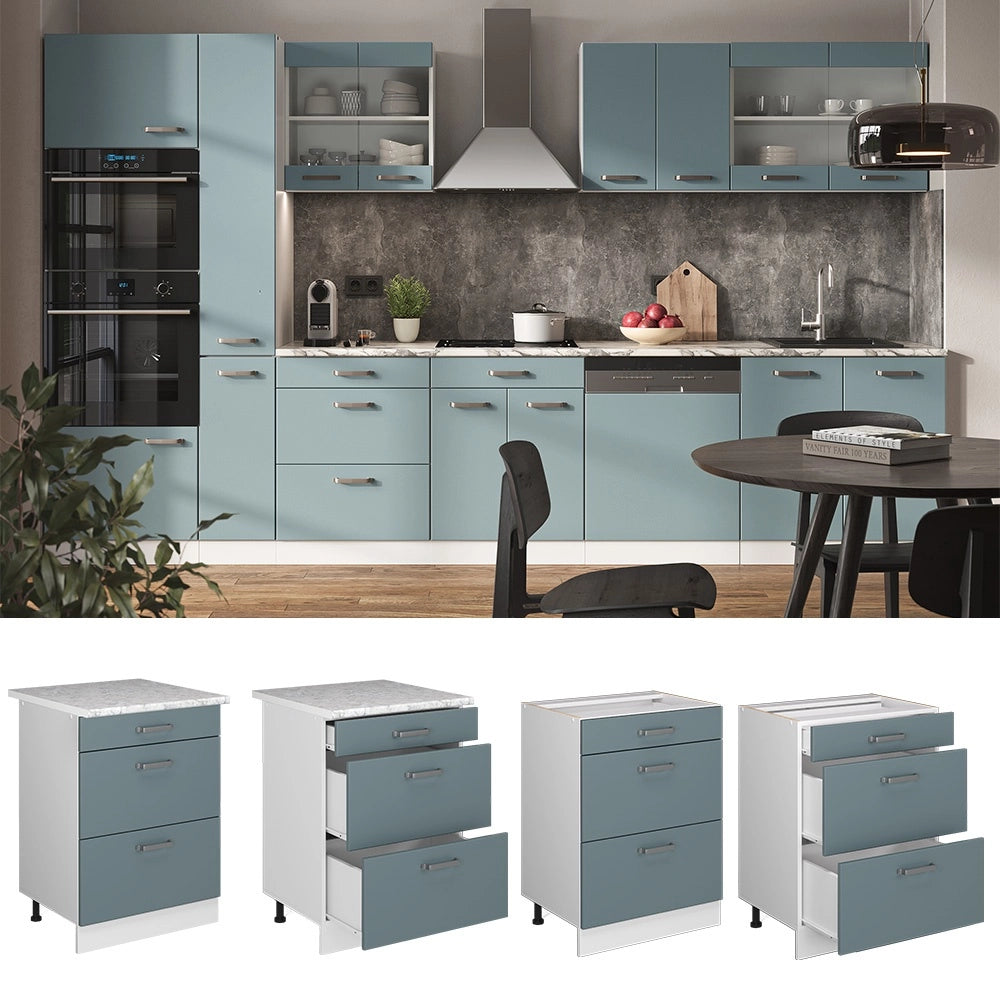 Mobiletto base per cucina R-Line Grigio-blu/Bianco 60 cm con cassetti, senza piano di lavoro Vicco