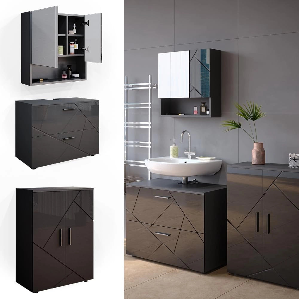 Set mobili bagno Irma, Antracite lucido, 80 cm, composto da mobile sottolavabo, specchiera e mobile medio