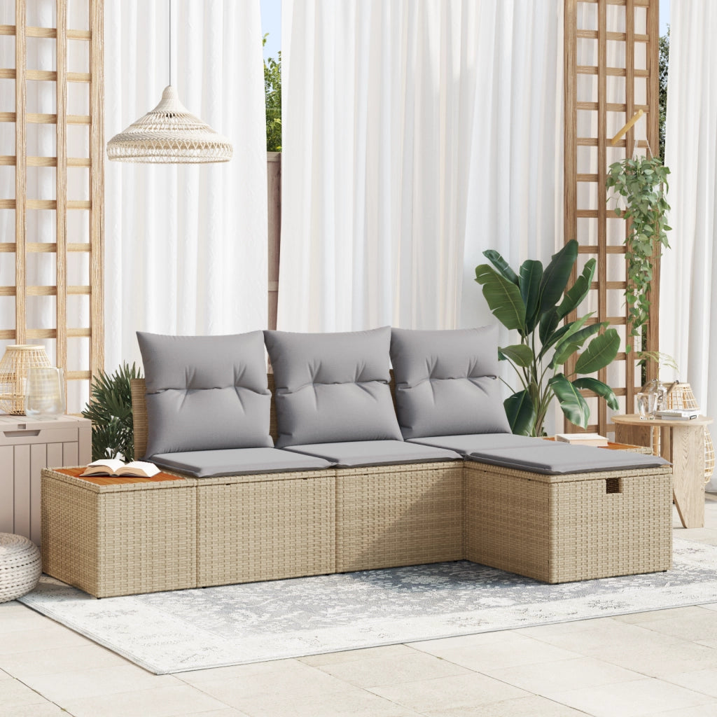 Set Divano da Giardino 4 Pezzi con Cuscini Beige in Rattan Polivalente