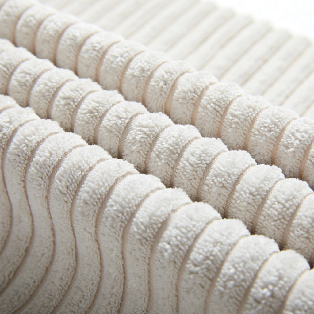 Divano angolare modulare a L in tessuto corduroy beige con consolle, poggiapiedi contenitore e cuscini