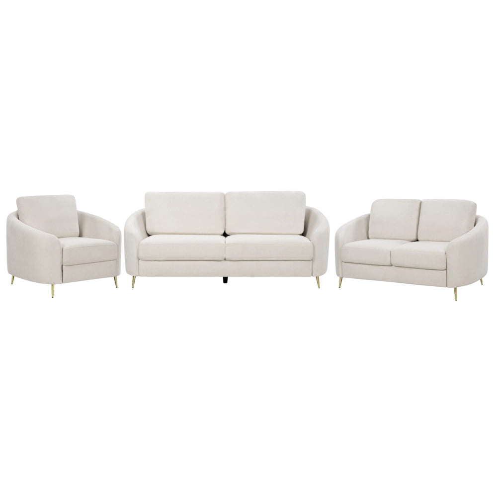 Set da soggiorno due divani e una poltrona in tessuto bouclè beige chiaro 6 posti piedi dorati curve soffici