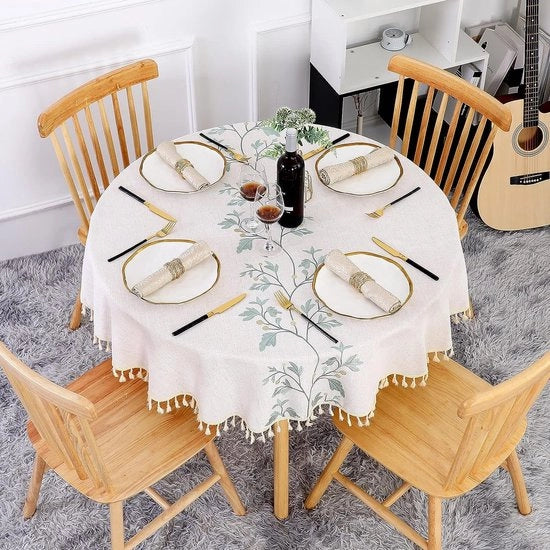 Tavolo da pranzo in lino e cotone, beige, 140 cm, impermeabile, resistente alle pieghe, con foglie verde bordate, adatto per cucina, sala da pranzo, tavolo da pranzo, salotto e tavolo da giardino