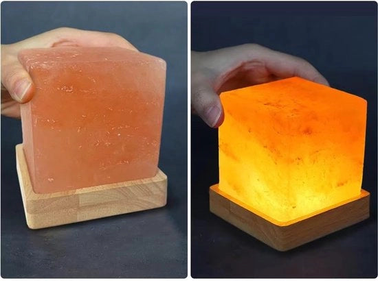 Lampada da sali con luce calda USB, base in legno massello, lampada da notte decorativa, cristallo naturale, regalo artigianale.