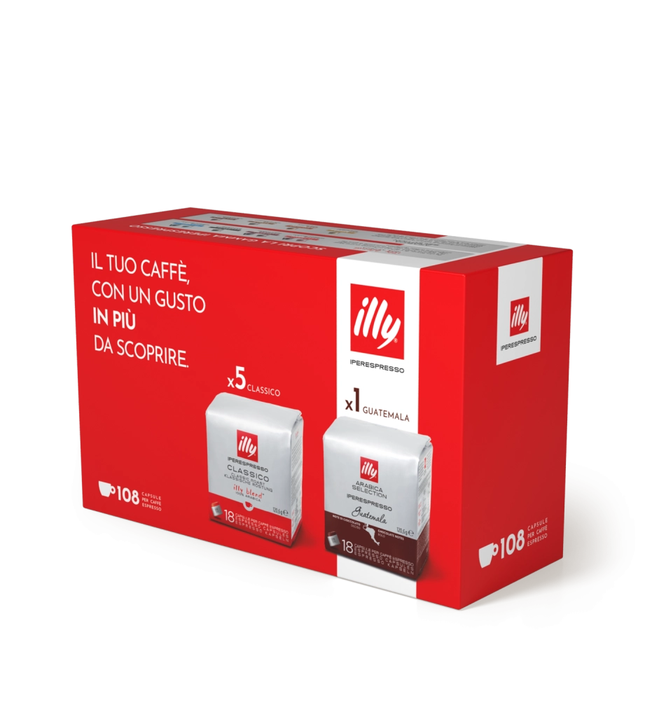 Illy capsule caffè iperespresso tostato classico rosso, 5 confezioni da 18 capsule classica + 1 guatemala, totale 108 capsule