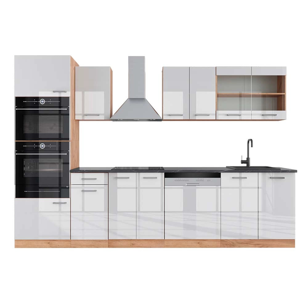 Vicco Cucina componibile Bianco lucido/oro power oak 300 cm con armadio alto, PL Antracite