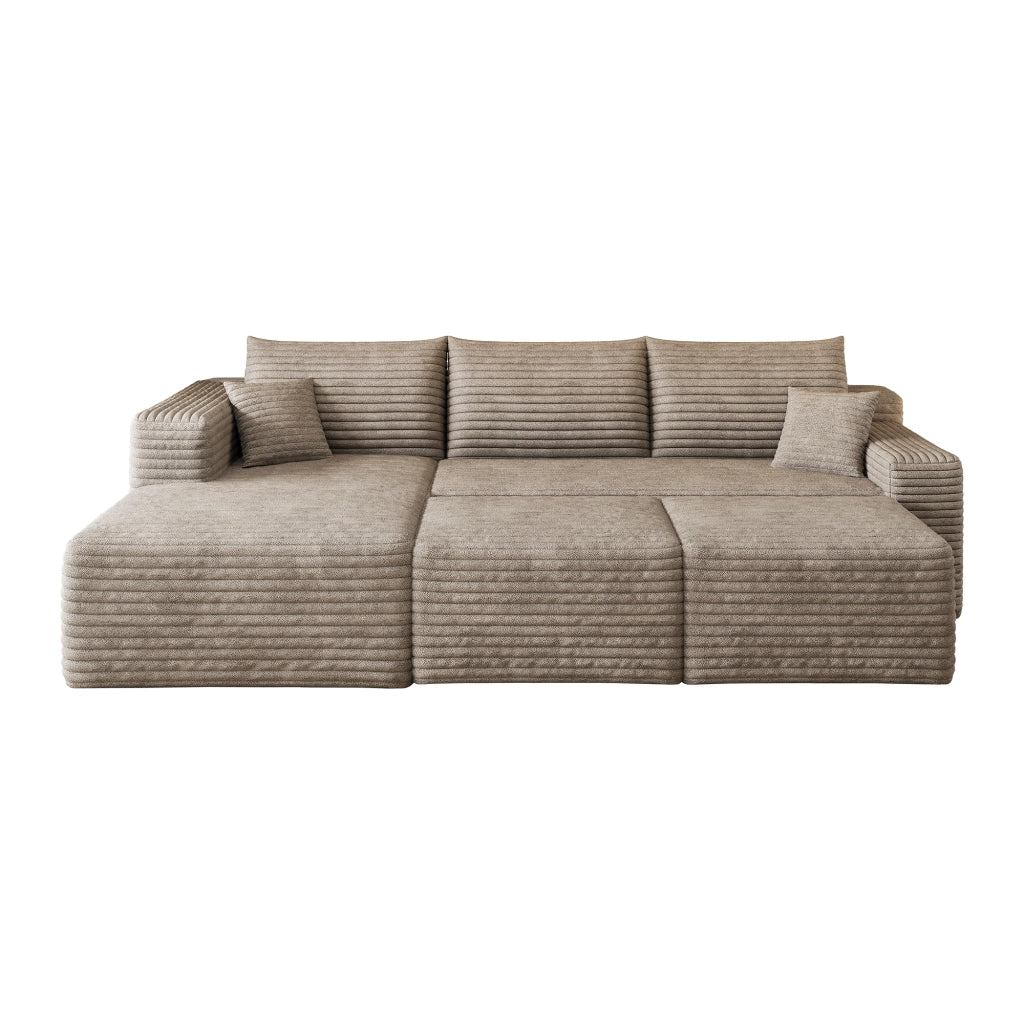Divano angolare in corduroy a righe; seduta profonda - cammello 241×151×58 cm