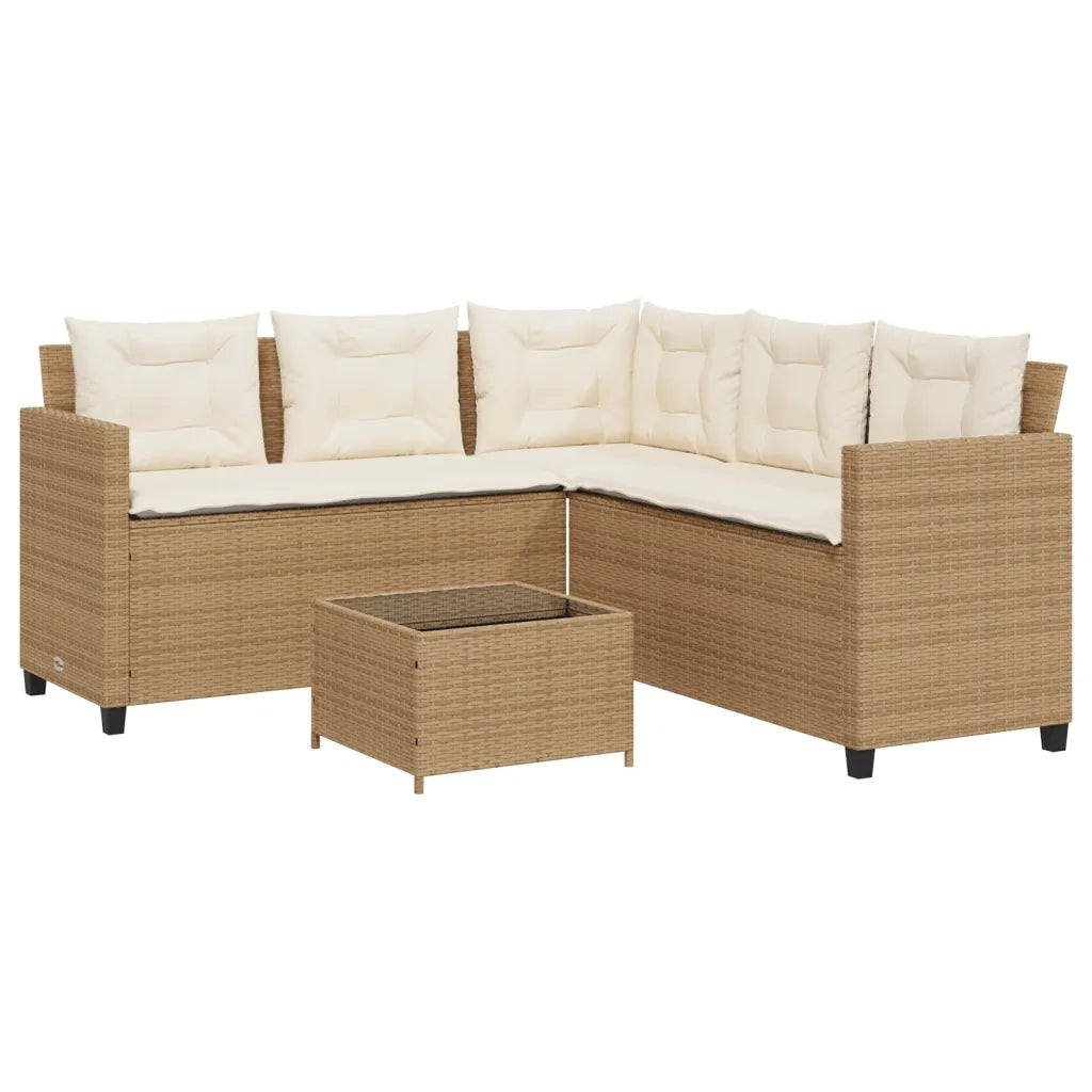 Divano da Giardino con Tavolo e Cuscini a L Beige in Polyrattan 369043