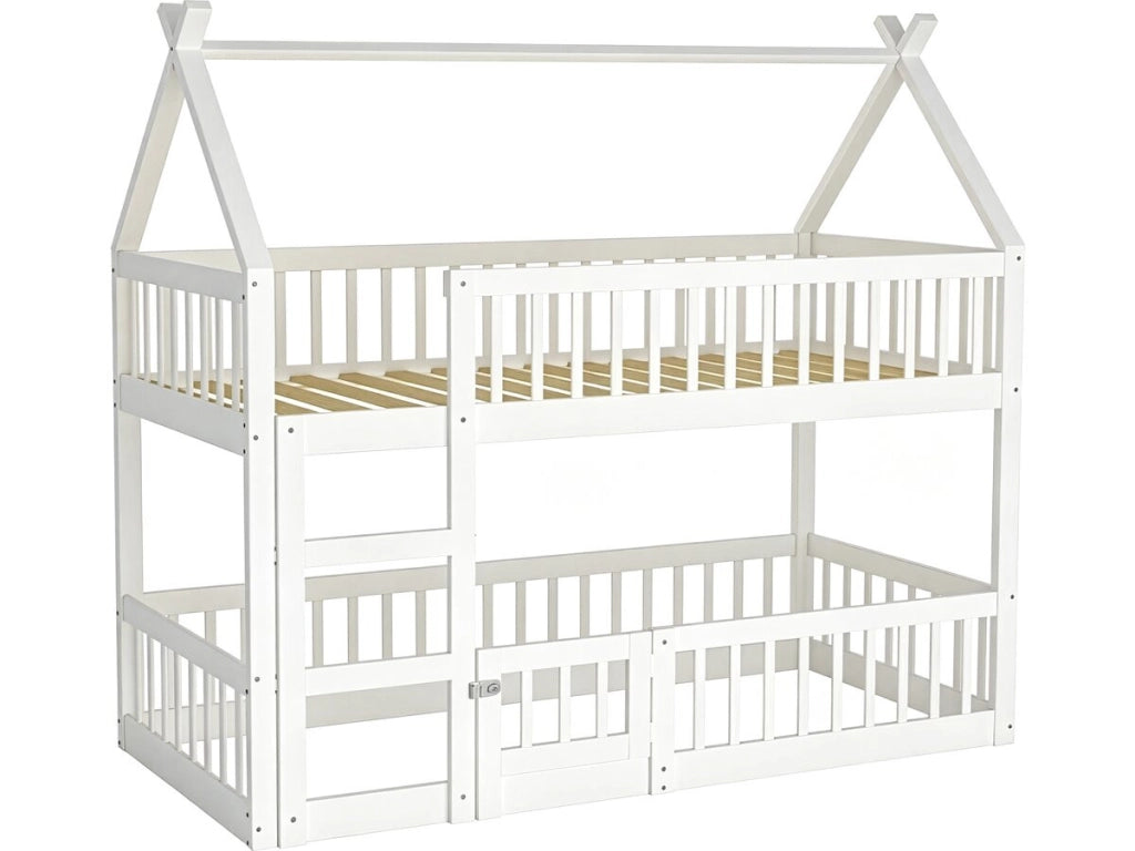 Letto a castello a forma di casetta in legno con scaletta "Laith" - 90 x 190 cm - Bianco