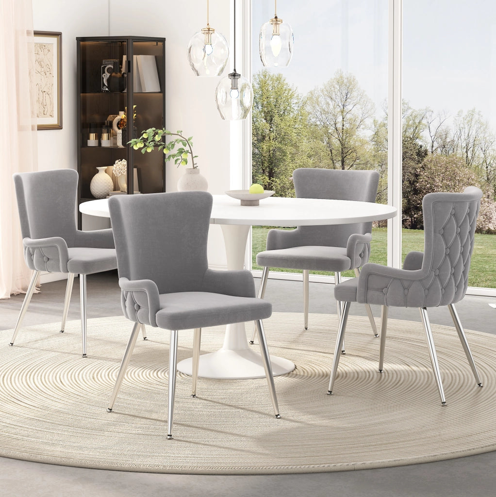 Set di 4 sedie in velluto con gambe in metallo; design moderno; grigio e argento