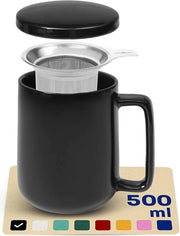 Tazza XXL con filtro e coperchio - ceramica nera - mantiene caldo a lungo - 500 ml grande - lavastoviglie resistente