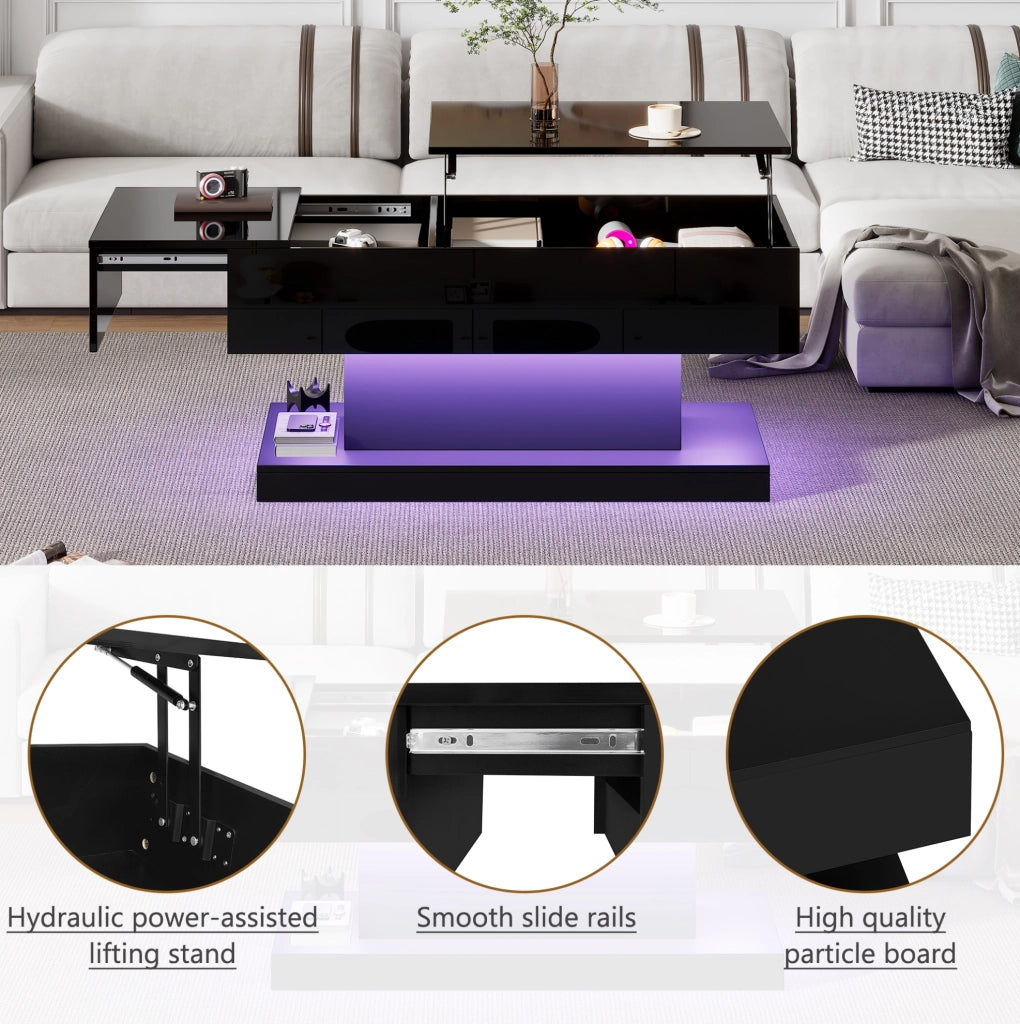 Tavolino da salotto con sollevamento idraulico; LED e contenitore 100x50x45 cm; nero lucido