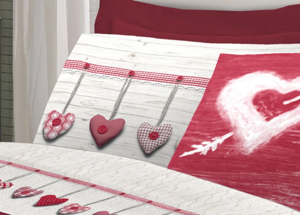 Completo Lenzuola Linea Pensieri Delicati 100% Cotone Disegno Cuore Appeso - Matrimoniale - Rosso
