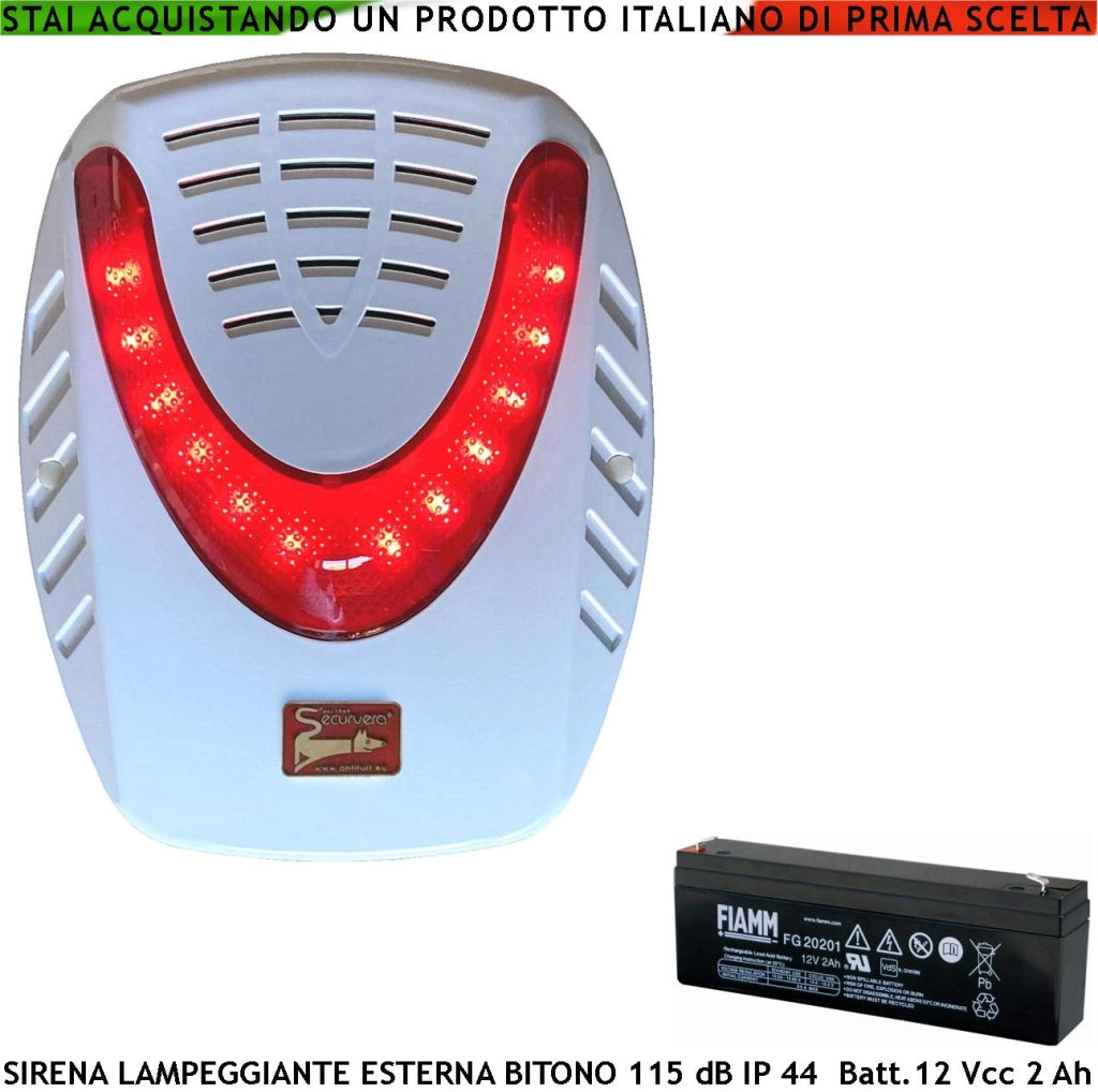 Sirena Esterna Lampeggiante a Led Melodia Binota Frequenza A/B 1724 ± 2475 Hz 115 dB Comando Allarme Caduta Polarità Batteria 12 V 2 Ah Due Segnalazioni Stato Alimentazione 12 Vcc Assorbimento 1,4 Ah