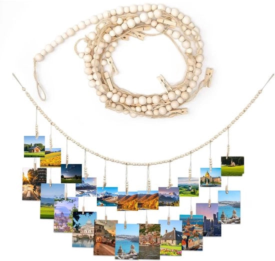Supporto per foto in legno con 22 clip - stile bohemiano - decorativo - di alta qualità - facile da utilizzare - sistema di appoggio per foto in legno.