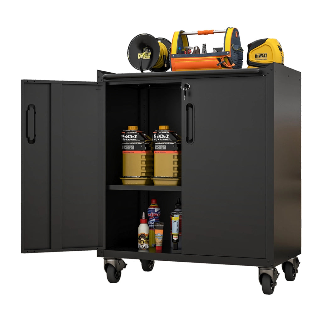 Armadio contenitore in metallo con ruote, 75 × 42 × 88 cm, nero, con ripiani regolabili e chiusura