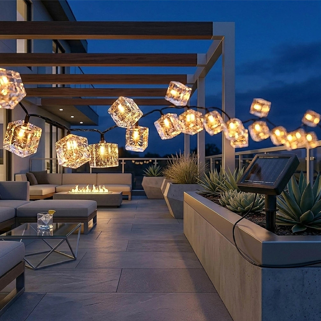 Ghirlanda Luminosa Solare LED 4,8 m con 20 Cubetti Effetto Ghiaccio, Luce Calda, IP65 Impermeabile, Pannello Solare con Picchetto, Luci da Esterno per Giardino Terrazzo Balcone