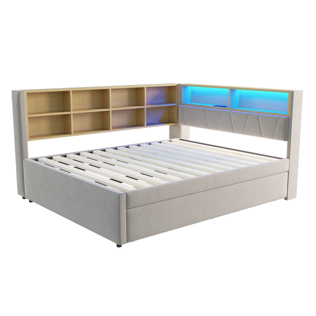 Divano letto 140x200 cm con letto estraibile; LED e vani portaoggetti in flanella grigio chiaro