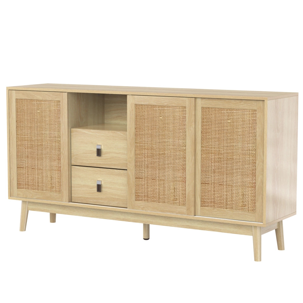 Madia 155x38x80 cm con 2 cassetti e ante scorrevoli in rattan; MDF e pannello truciolare