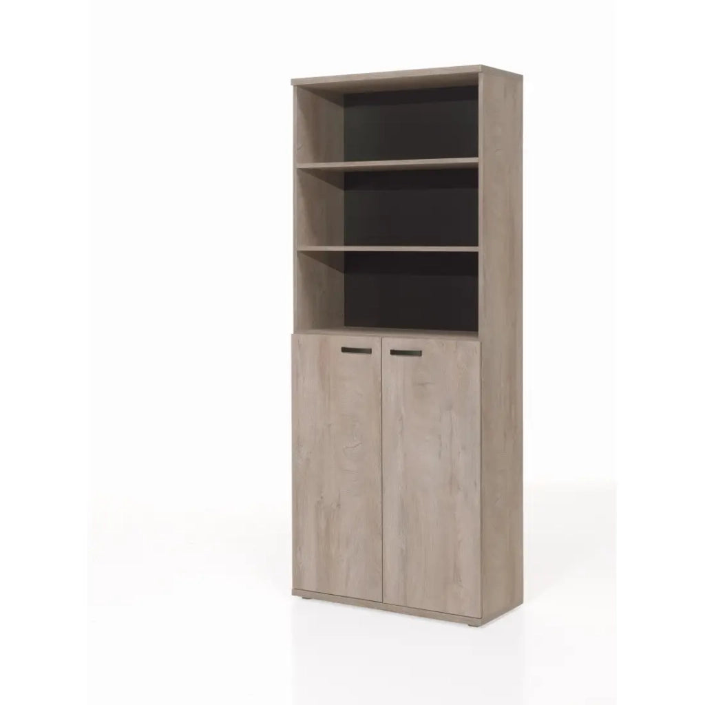 Libreria da Ufficio Robusta - Mobile con 2 Ante e Scaffali in Rovere Grezzo e Nero | Collezione YUKON
