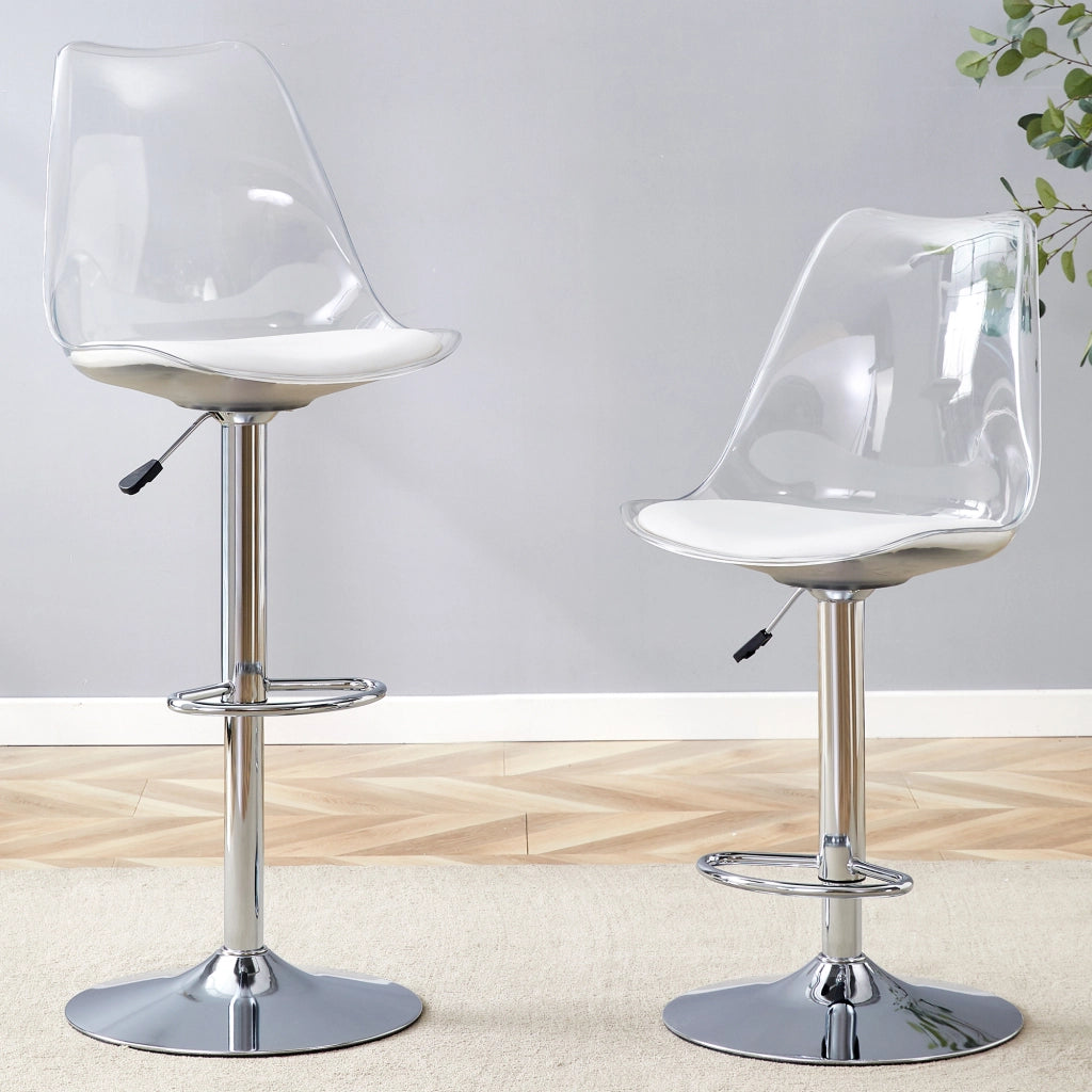 Sgabello da bar set da 2 con altezza regolabile e rotazione 360 schienale in plastica trasparente e PU bianco metallo argento