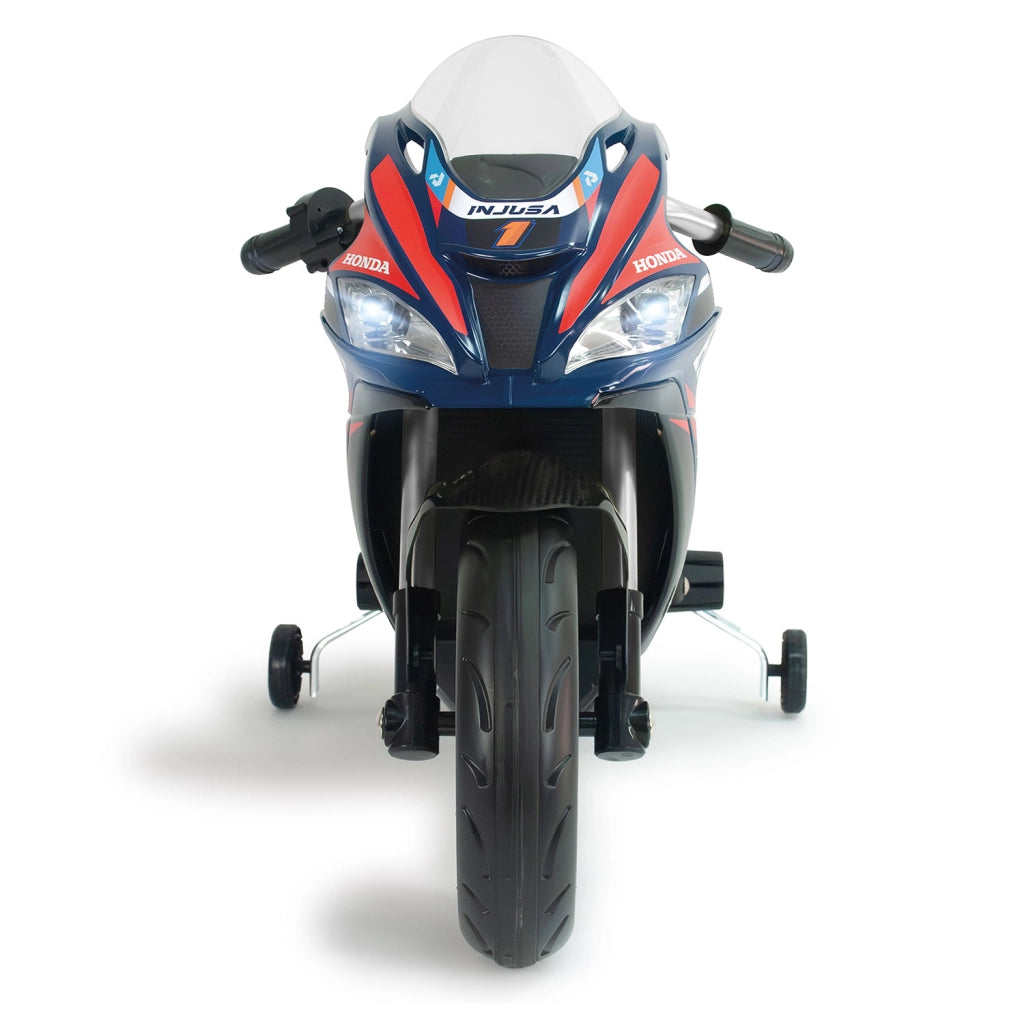 Moto Elettrica per Bambini 12V Honda Competición con Luci Suoni e Ruote Stabilizzatrici Blu