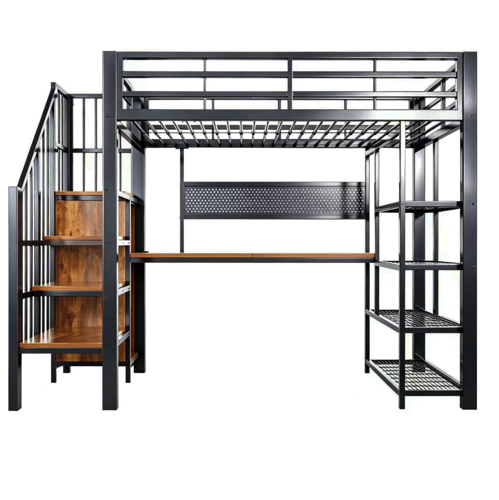 Letto a soppalco multifunzione 90x200 cm in metallo e legno; con scala contenitore; LED e prese; nero