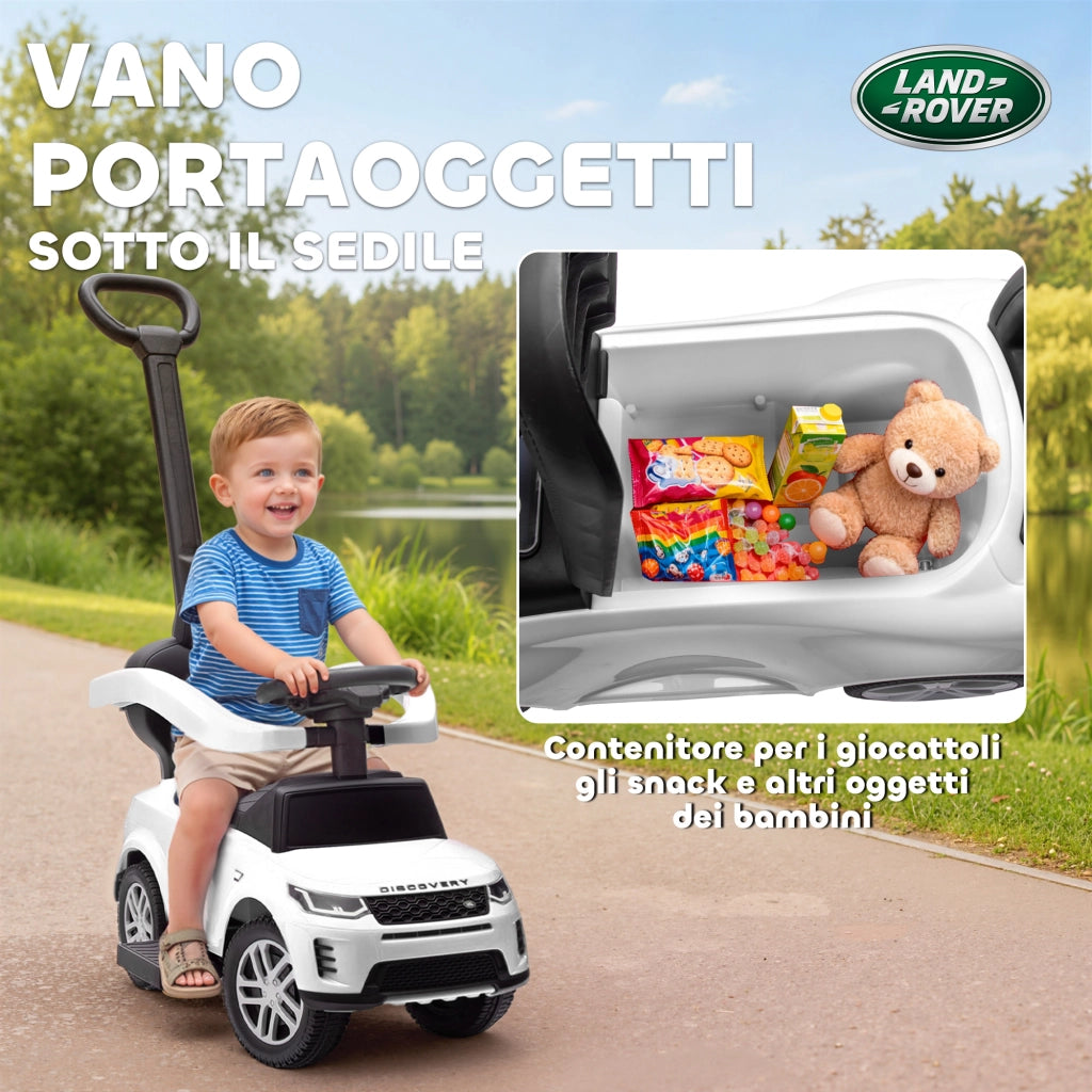 Macchina Cavalcabile Land Rover ¨C Xylo ¨C con Maniglia e Barriera, PP e Acciaio, Bianco