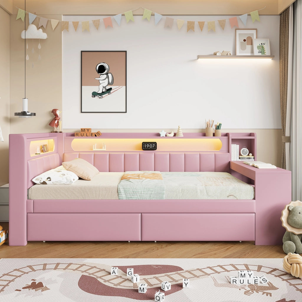 Letto giorno 90x200 con LED, USB, scrivania e 2 cassetti