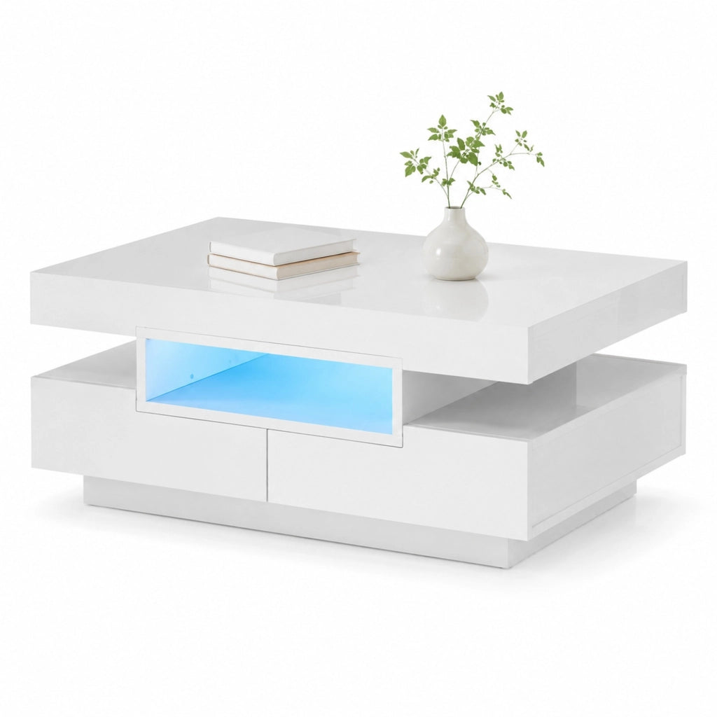 Tavolino da caffè moderno 80x50x36 cm bianco lucido con LED e 4 cassetti