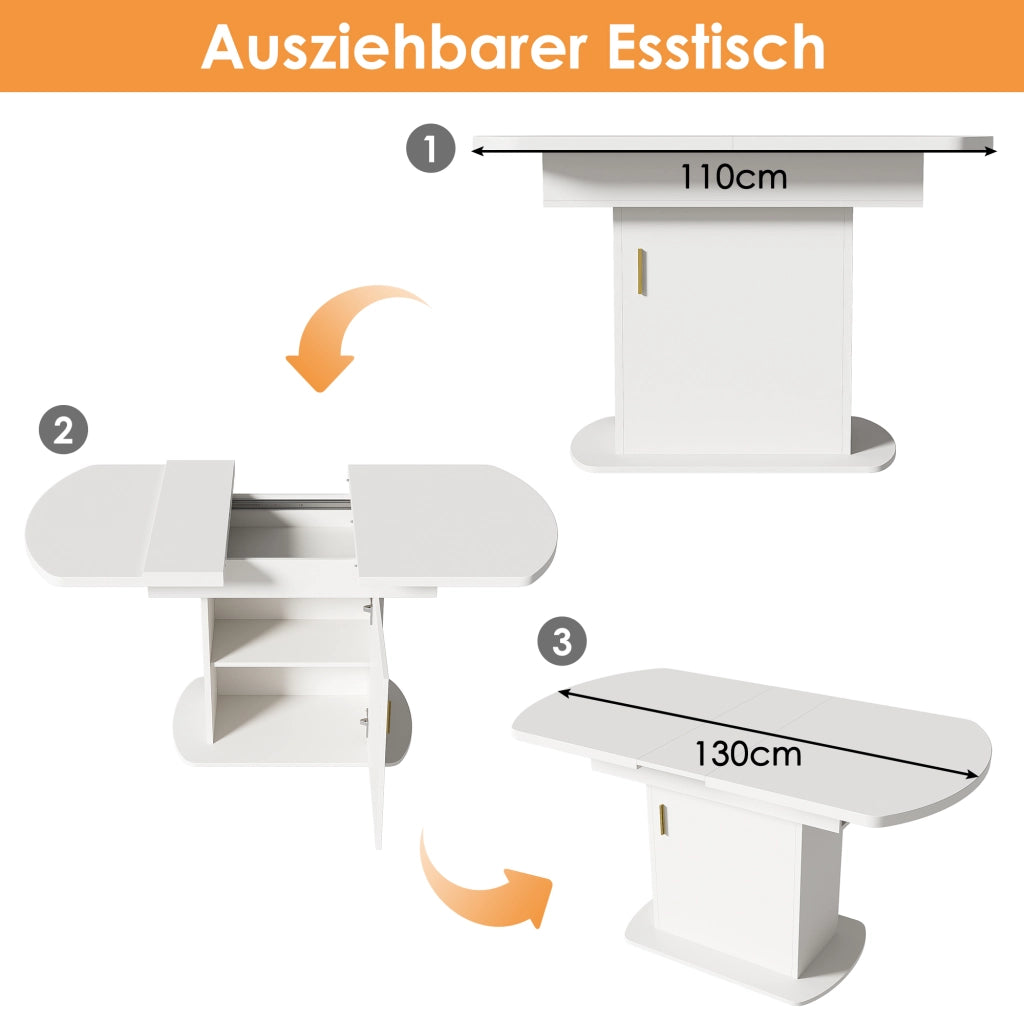 TAVOLO DA PRANZO ALLUNGABILE OVALE CON VANI PORTAOGGETTI, BIANCO + ORO