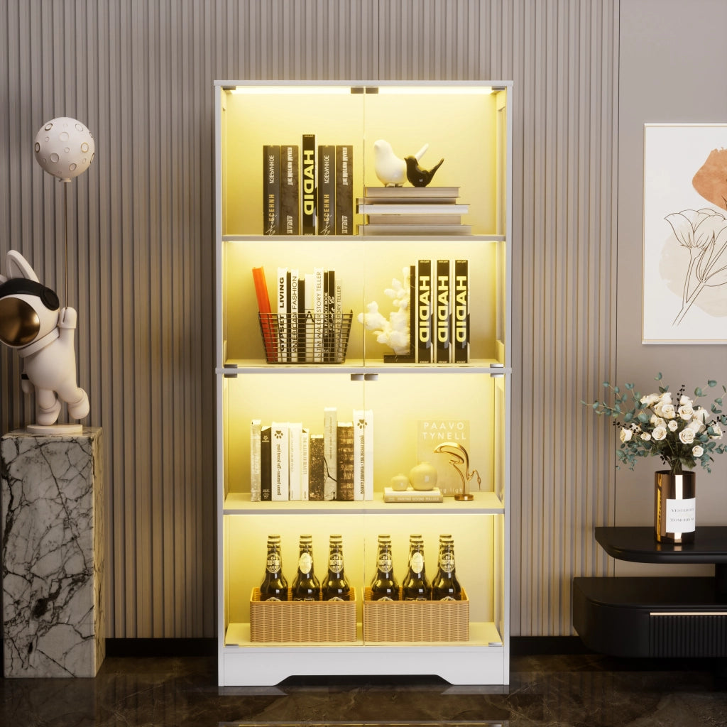 Vetrina con illuminazione e sensore per soggiorno; in MDF e vetro; 80×35×165 cm; bianco
