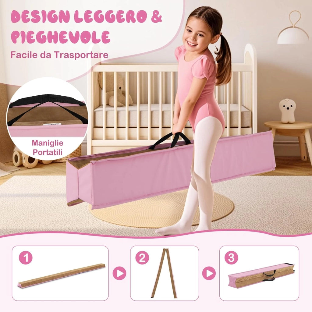 Trave da Ginnastica per Bambini Pieghevole 240 cm, Trave di Equilibrio Portatile conSuperficie in Pelle Scamosciata e Schiuma Morbida, Attrezzatura per Ginnastica a Casa