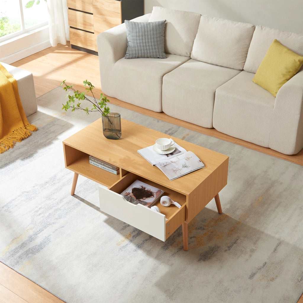 Tavolino Centrale da Caffè Bordkak con Cassetto 100 x 48 x 45 cm - Effetto Rovere / Bianco [en.casa]