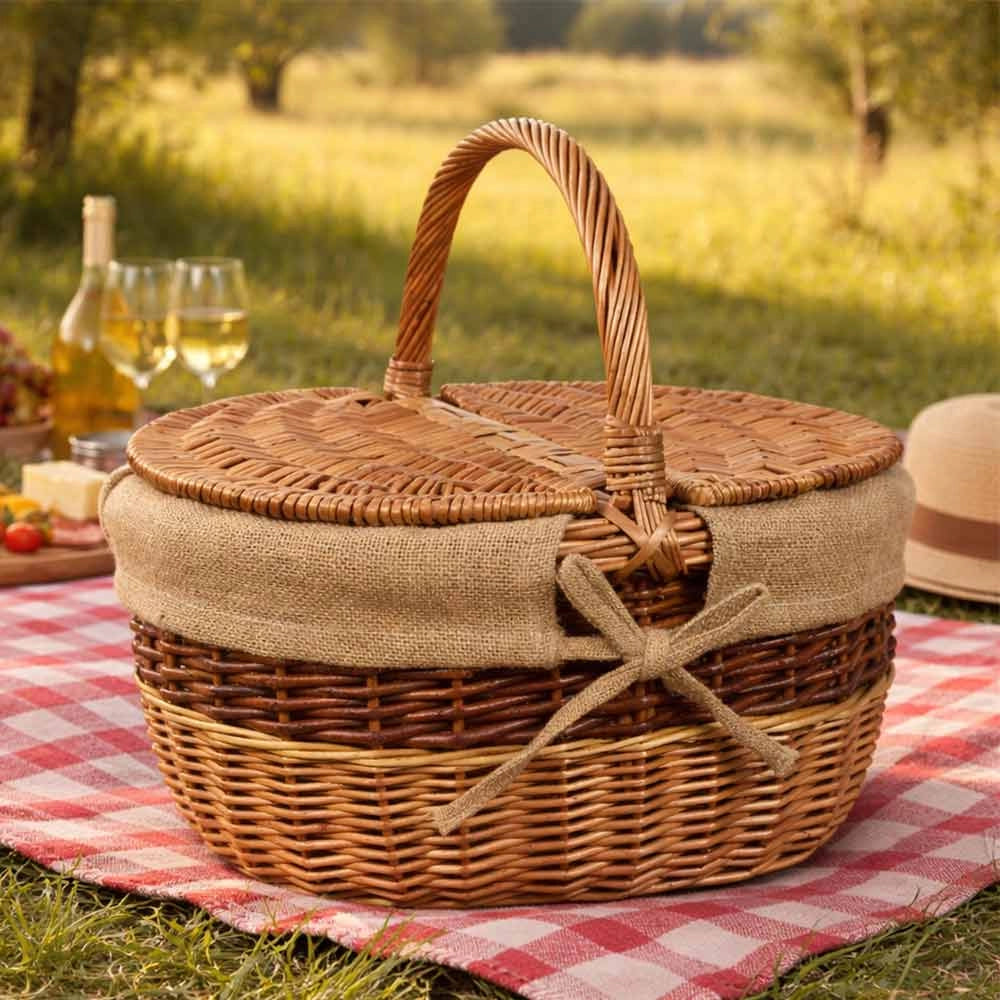 Cesto Ovale Clara picnic in Vimini e Juta con doppio coperchio cm 43 x 33 x h 43